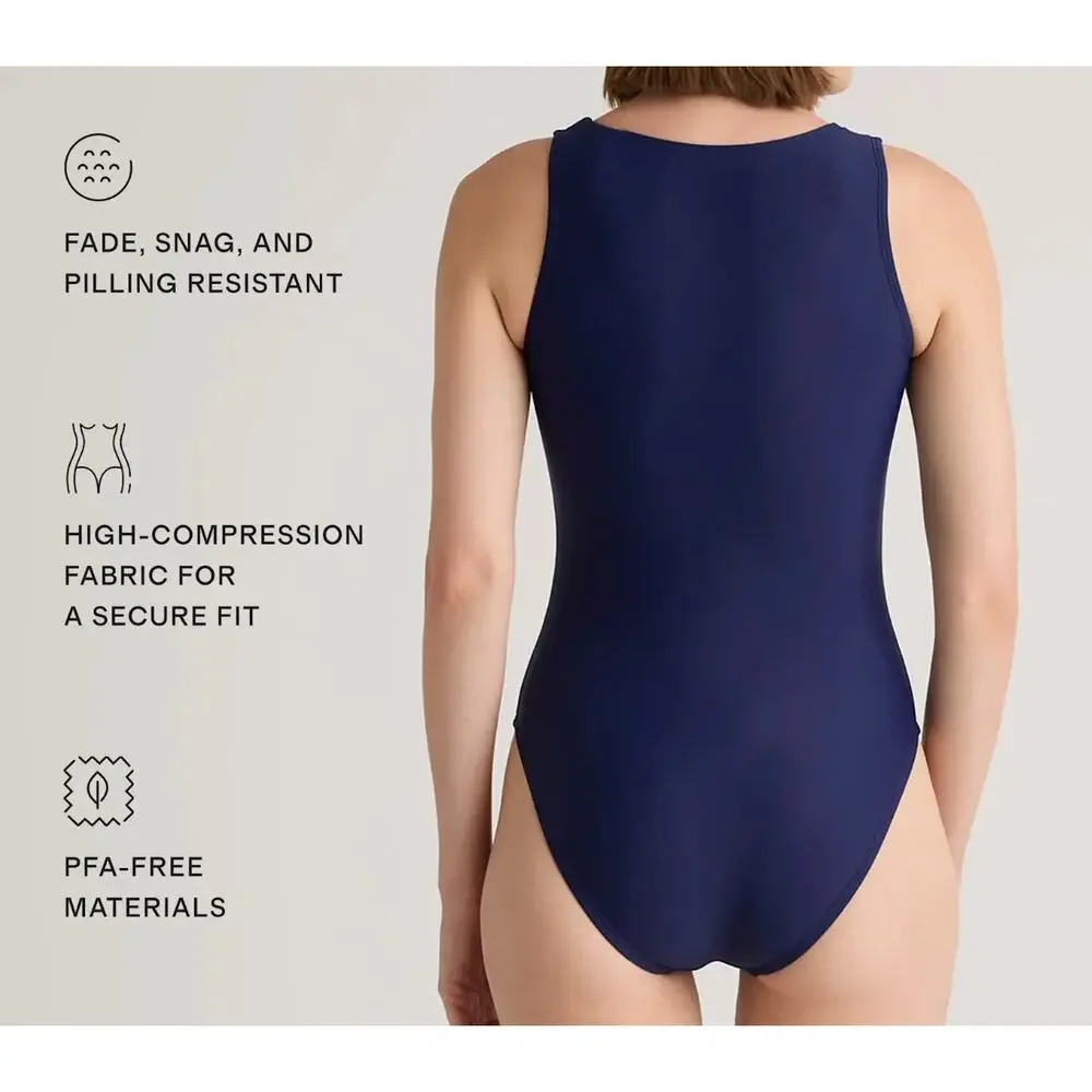 quince italian zip front one-piece swimsuit deep navy blue, women various sizes